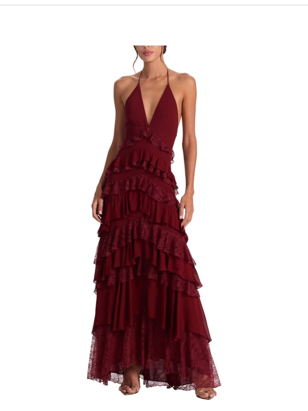 Alice + Olivia Burgundy Ruffle Maxi Dress